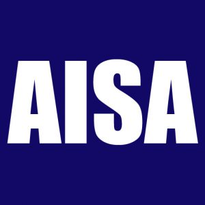 有限会社AISA（アイザ）のロゴです。カラーリングは、ネイビーブルーのバックにホワイト。フォントはimpactです。